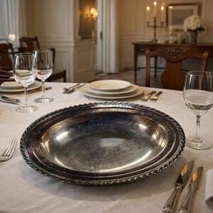 Vintage Silver Plated Oval Serving Dish Twisted Rope Edge 12x9